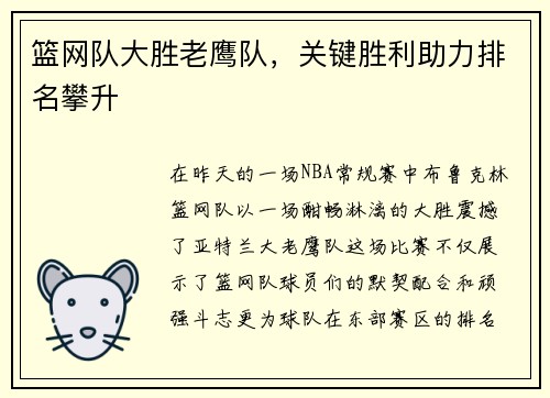 篮网队大胜老鹰队，关键胜利助力排名攀升